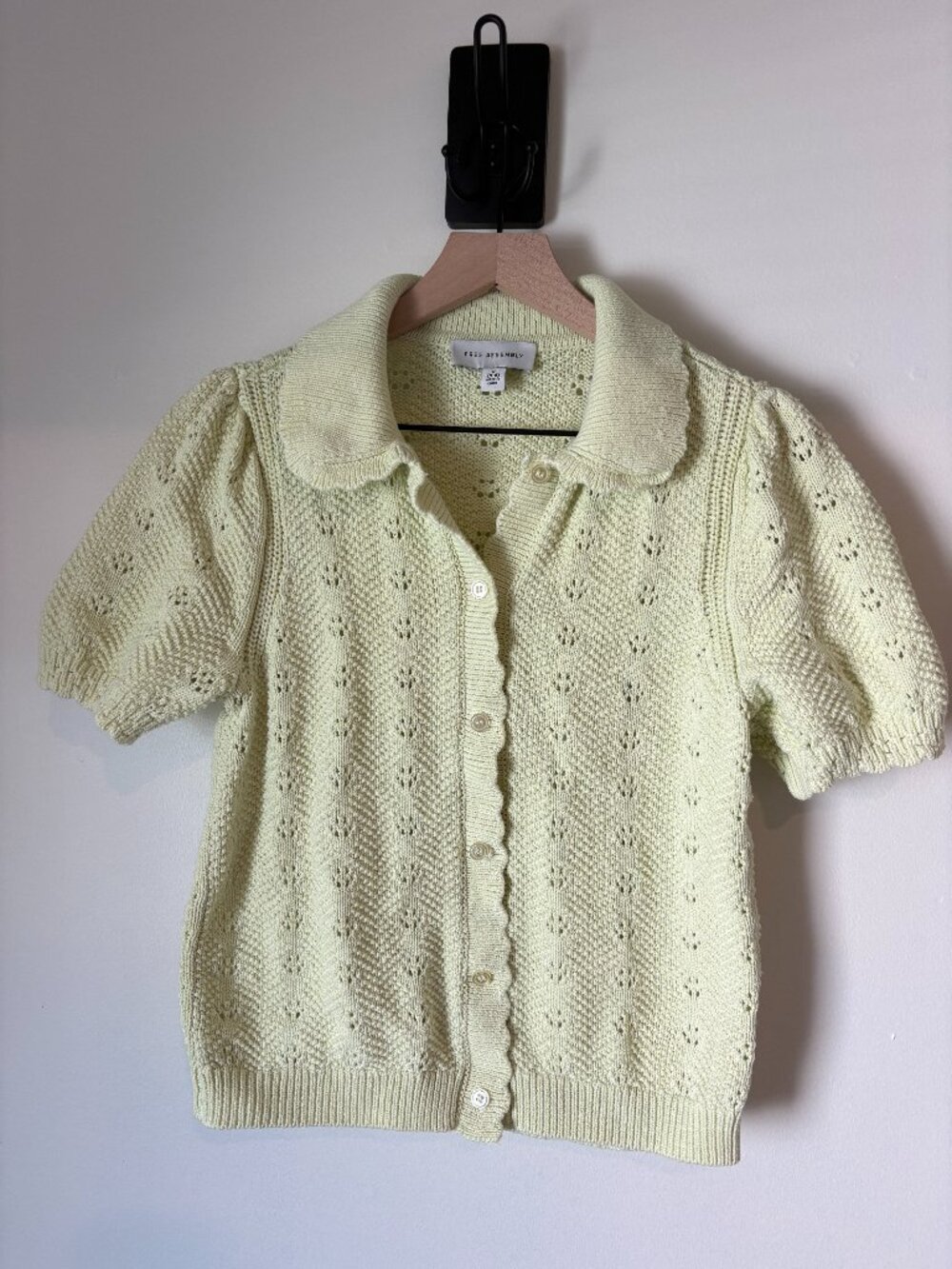 Free Assembly Women’s S 4-6 Pointelle Knit Cardigan Top Pale Yellow Puff Sleeve